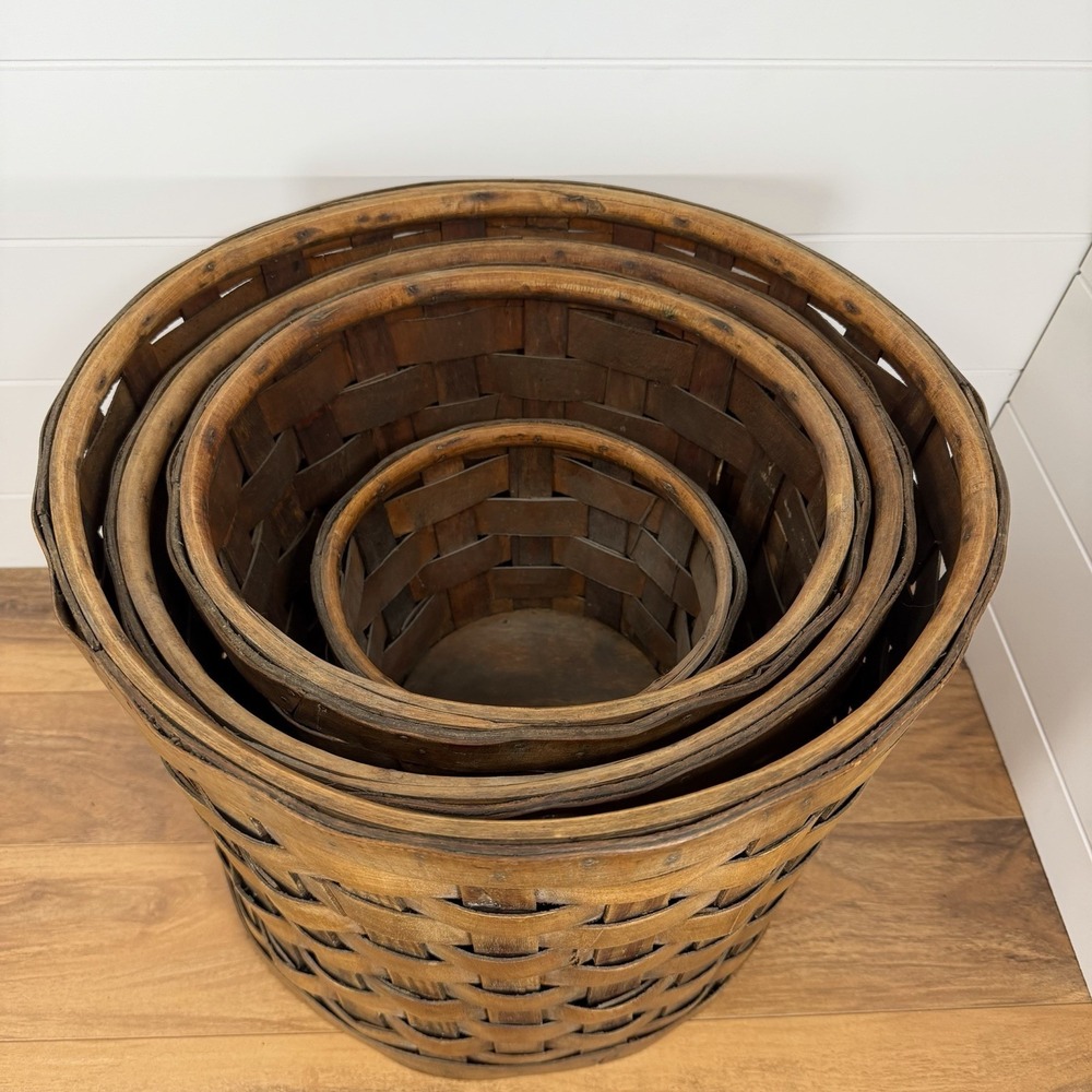 Antique S-XL Nesting Wood Splint Baskets *Flaws* Dark Woven Slats With Tacks - Picture 3 of 16